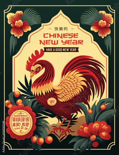 Fototapeta The Chinese New Year with our eye-catching celebration poster design, featuring a Chinese culture inspired combination of a lively chicken, delicate flowers and intricate ornaments