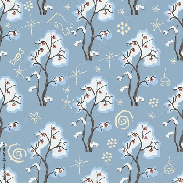 Fototapeta Seamless Pattern with hand drawn bushes with berries. Winter/Merry Christmas Themes.