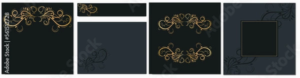Fototapeta A set of templates for backgrounds, invitations, greeting cards, advertising in the Victorian style. Gold on a black background. calligraphy brush