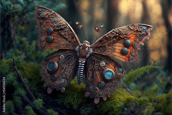 Fototapeta Sci-fi steampunk butterfly in a green forest, Generative AI