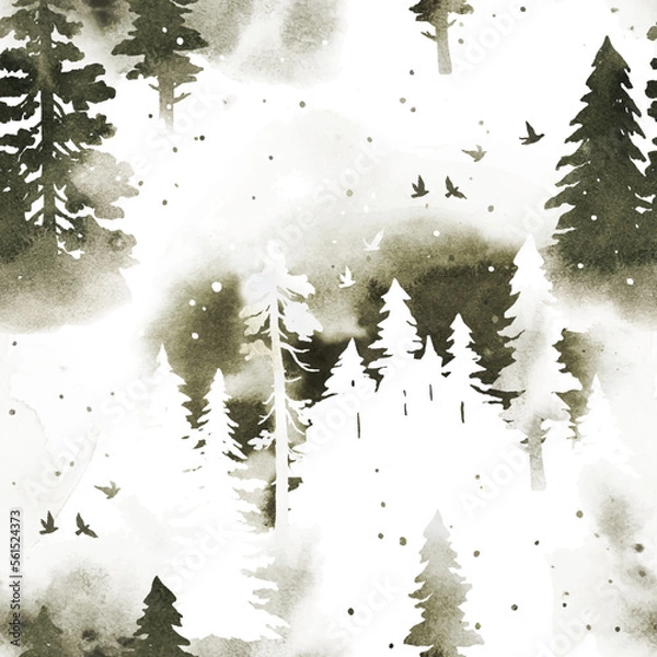 Fototapeta Watercolor stylish seamless pattern with coniferous forest in black and white colors under night sky. Vector silhouette of trees. Nature design for page fill, wrapping paper, web, textile print