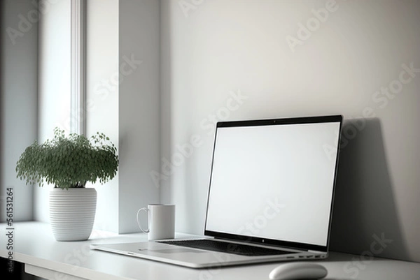 Fototapeta close up image, Laptop white screen mockup on white computer desk in minimal contemporary apartment living room. , 3d illustration. Generative AI
