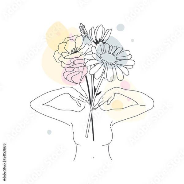 Fototapeta Minimal Line Drawing. Foce Woman Art Flower Images. Girl with flowers color template design. Line Vector illustration.