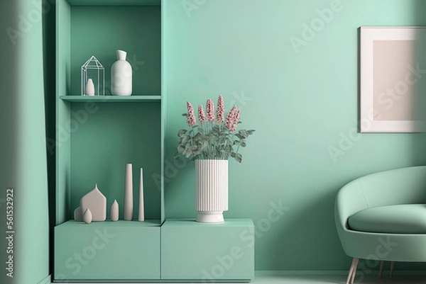 Fototapeta A great apartment's living room features a minimalist interior design with a fashionable shelf, a vase of flowers, a mint box, and attractive accessories. Copy space The color scheme of eucalyptus. Te