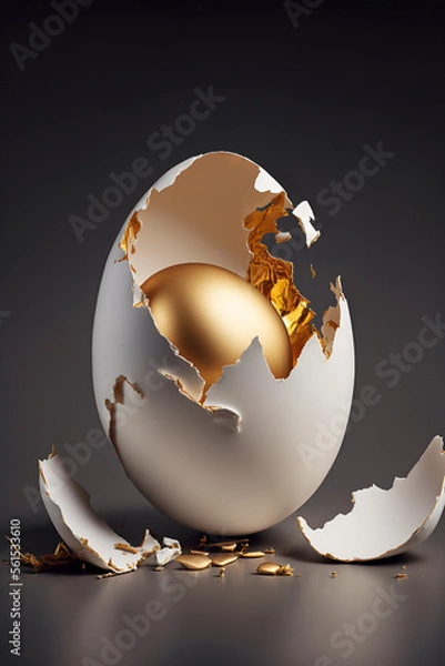 Obraz Cracked egg shell with a golden egg inside, Easter background, banner, poster, flyer and brochure, Generative AI