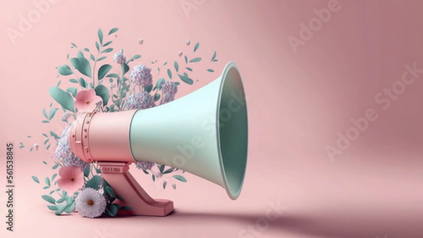 Obraz Minimal spring sale concept with megaphone and flowers on pink background. Copy space for text. Generative ai