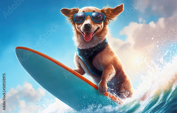Obraz dog surfing on a surfboard wearing sunglasses at the ocean shore, generative ai