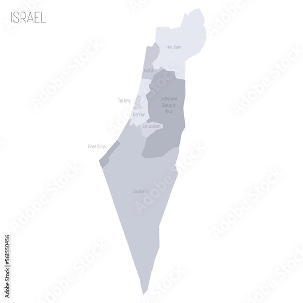 Fototapeta Israel political map of administrative divisions - districts, Gaza Strip and Judea and Samaria Area. Grey vector map with labels.