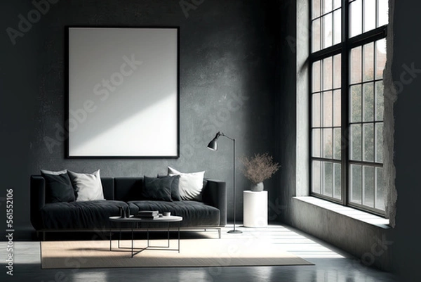Fototapeta Interior of a dark living room with a concrete floor, an empty white poster, a large window, a sofa, and a coffee table. Design idea for a modern flat. a mockup. Generative AI
