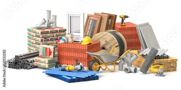 Obraz Construction materials and tools isolated on white background.