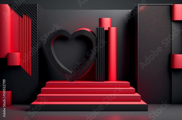 Obraz Podium for products with hearts, Valentine's Day Black Red concept, generative ai