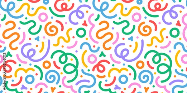 Fototapeta Fun colorful line doodle seamless pattern. Creative minimalist style art background for children or trendy design with basic shapes. Simple childish scribble backdrop.
