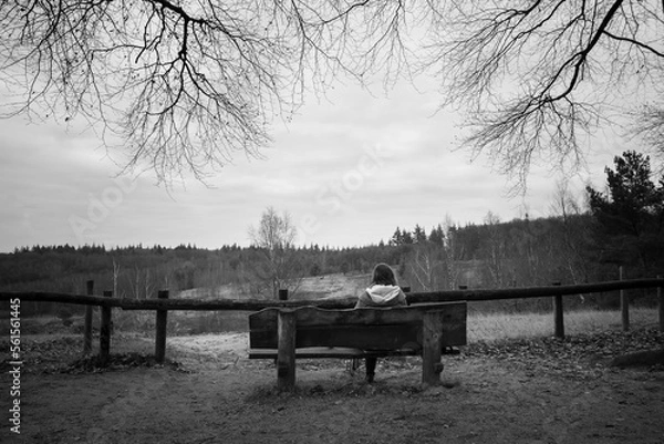 Obraz Single person enjoying time in nature from a wooden bench overlooking a valley full of trees.