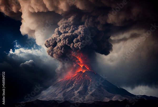 Fototapeta Volcanic eruption in Italy. Powerful explosion. Lava flows. Lots of smoke and fire. Generative AI Art. Apocalypse.