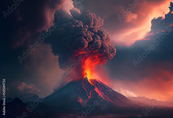 Fototapeta Volcanic eruption in Italy. Powerful explosion. Lava flows. Lots of smoke and fire. Generative AI Art. Apocalypse.