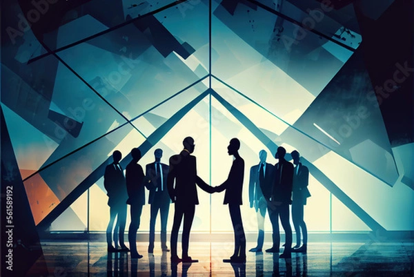 Fototapeta Abstract business handshake background with meeting room, Generative AI