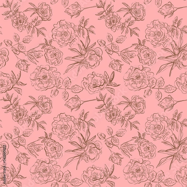 Fototapeta Flower pattern with contour roses chocolate colored on pink background vector