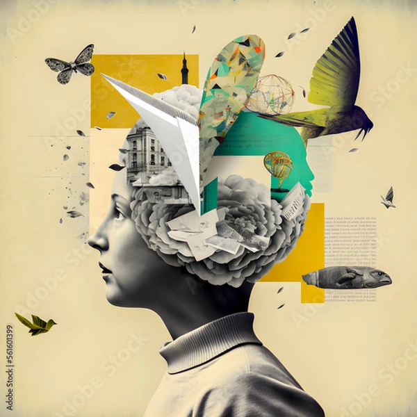Obraz Brainstorm whit new creative ideas, art collage illustration Generative AI