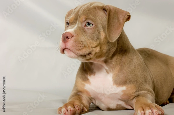 Fototapeta Beautiful American bully puppy on a white background.