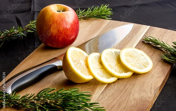 Fototapeta red apple with sliced juicy lemon on a cutting board.