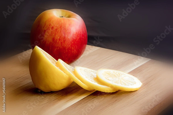 Fototapeta red apple with sliced juicy lemon on a cutting board.