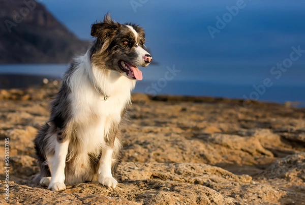 Fototapeta Dog breed Border Collie on the seashore against the backdrop of the mountains.