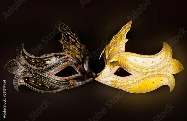 Fototapeta Yellow and dark New Year's masks on a dark background.
