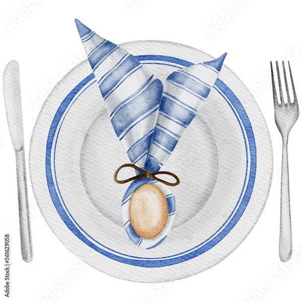 Obraz Easter table decor with ceramic easter decorated plate and easter egg decorated with napkin, knife and fork. Transparent background PNG