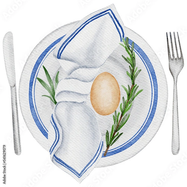 Obraz Easter table decor with ceramic easter decorated plate and easter egg decorated with napkin, rosemary, knife and fork. Transparent background PNG