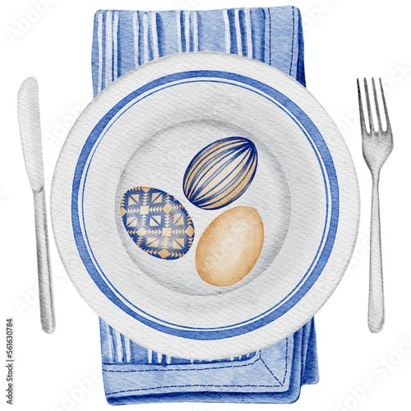 Obraz Easter table decor with ceramic easter decorated plate lies on the napkin and easter painted eggs, knife and fork. Transparent background PNG