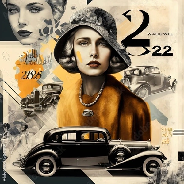 Obraz Mood board collage, 20s fashion collage, generative ai scrapbook page, style from 1920
