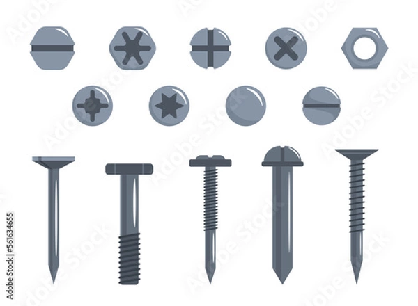 Fototapeta Set of gray screws in cartoon style. Vector illustration of iron construction screws with different threads and heads on white background. Metal products.