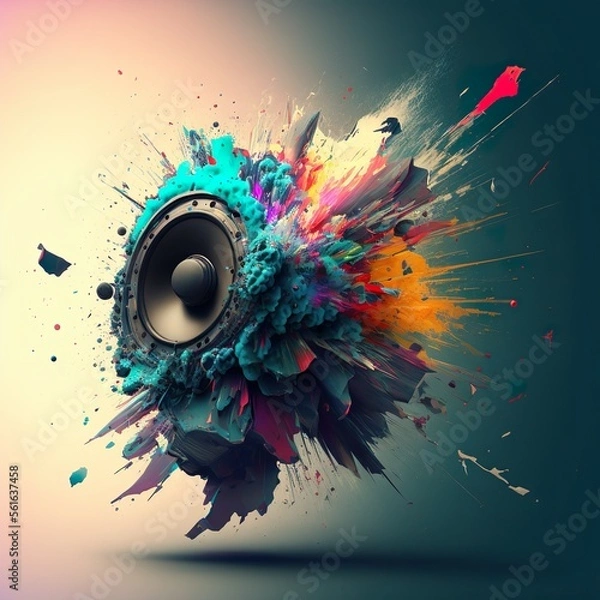 Fototapeta Music speaker, abstraction. Explosion of colors. Created with Generative AI technology
