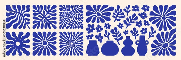 Fototapeta Matisse krzywe estetyczne. Groovy Abstract Flower Art. Organiczne kwiatowe kształty Doodle w modnym naiwnym stylu Hippie z lat 60. XX wieku. Ilustracja wektorowa botaniczna w kolorze niebieskim.