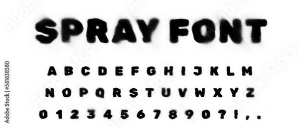 Obraz Black colored spray font with capital letters and numbers isolated on transparent png background, graffiti style abc, bold typeface, creative uppercase typography for poster, banner, flyer etc.