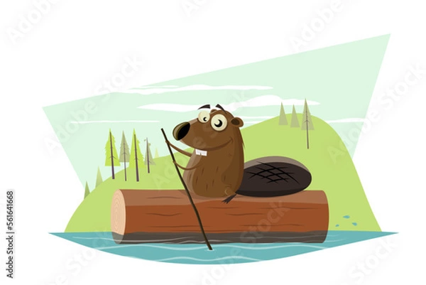 Fototapeta funny cartoon beaver riding on a tree log