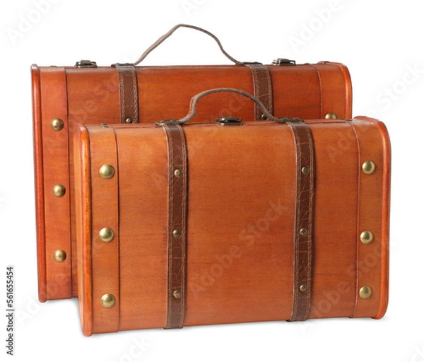 Obraz Beautiful brown vintage suitcases on white background