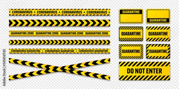 Fototapeta Various quarantine zone warning tapes and shields. Novel coronavirus outbreak. Global lockdown. Coronavirus danger stripe. Police caution line, restricted area. Construction tape. Vector illustration