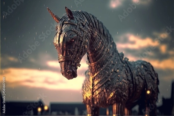 Fototapeta Trojan horse in the digital world, cyborg, ai, futuristic, threatening created with generative ai technology