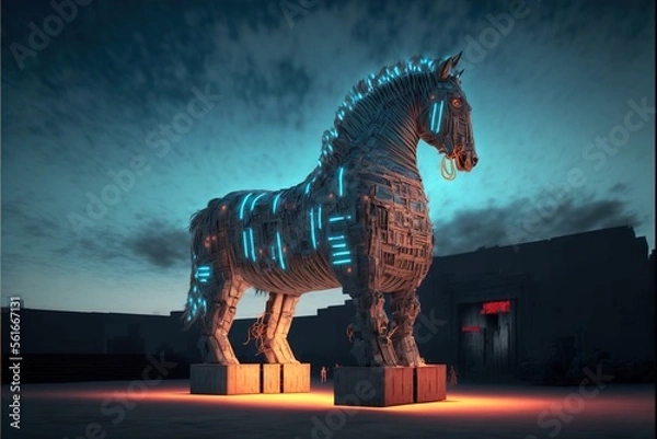 Obraz Trojan horse in the digital world, cyborg, ai, futuristic, threatening created with generative ai technology