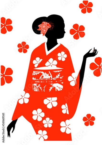 Fototapeta 着物を着た女性のシルエットと桜の花