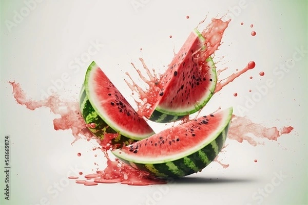 Obraz A mouth-watering image of juicy watermelon slices on a plain background with an exploding juice splash, perfect for food and summer related designs