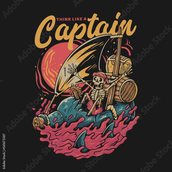 Obraz T Shirt Design Think Like a Captain With Skeleton On The Glass Bottle Boat Vintage Illustration