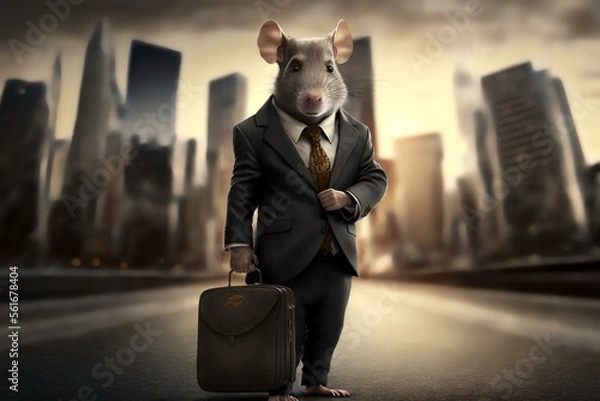 Obraz rat wearing a business suit and holding a briefcase, standing confidently in front of a city skyline (AI Generated)