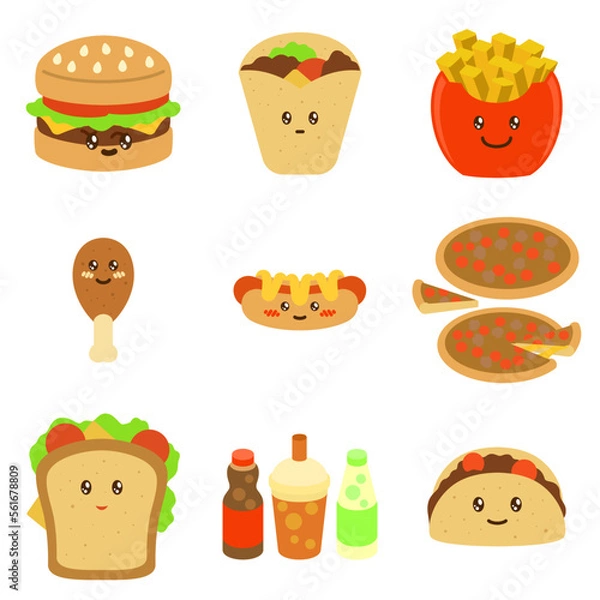 Fototapeta icon bundle of cute flat design fast food burrito burger burrito france fries fried chicken hot dog pizza sandwich taco soft drink and cola