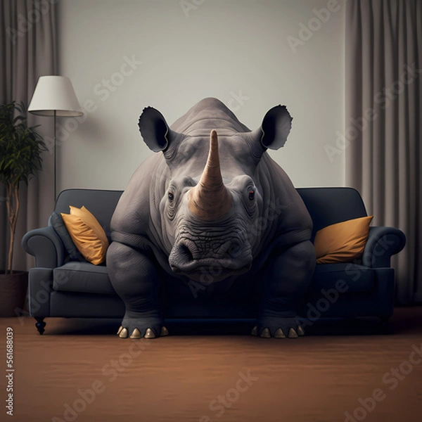 Obraz rhino sitting on a couch, generative ai