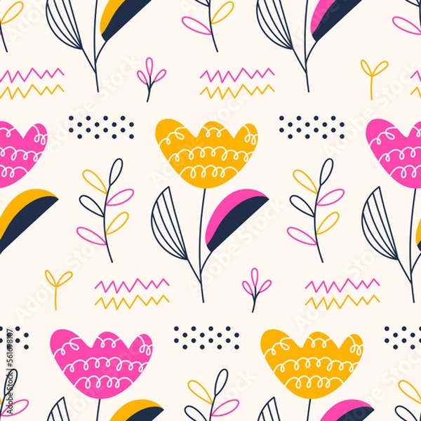 Obraz Seamless childish pattern with abstract flowers and leaves. Colorful background with simple plants. Floral vector flat illustration for design of fabric, paper, and other surfaces