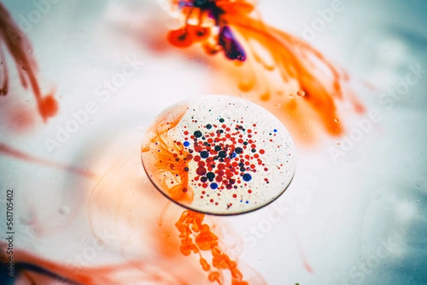 Fototapeta Blood cell smear under microscope for vaccine research, Bacterias and micro organisms colonies in agar petri dish, Virus and germ spread in to cell, Scientific health background.
