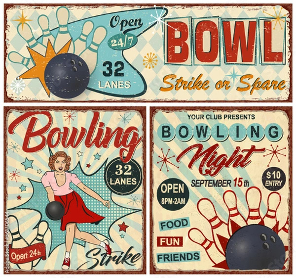 Obraz Set of vintage Bowling  metal sign in retro stile.