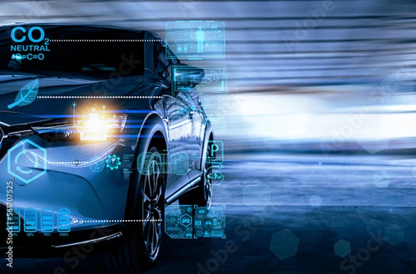 Fototapeta EV Car 2023 Technology Screen Dashboard Tech Tech Happy Nowa technologia 2023. Dla transportu samochodowego przemysłowego i samochodowego samochodu Nowy rok 2023 Technologia samochodowa wizerunek samochodowy.